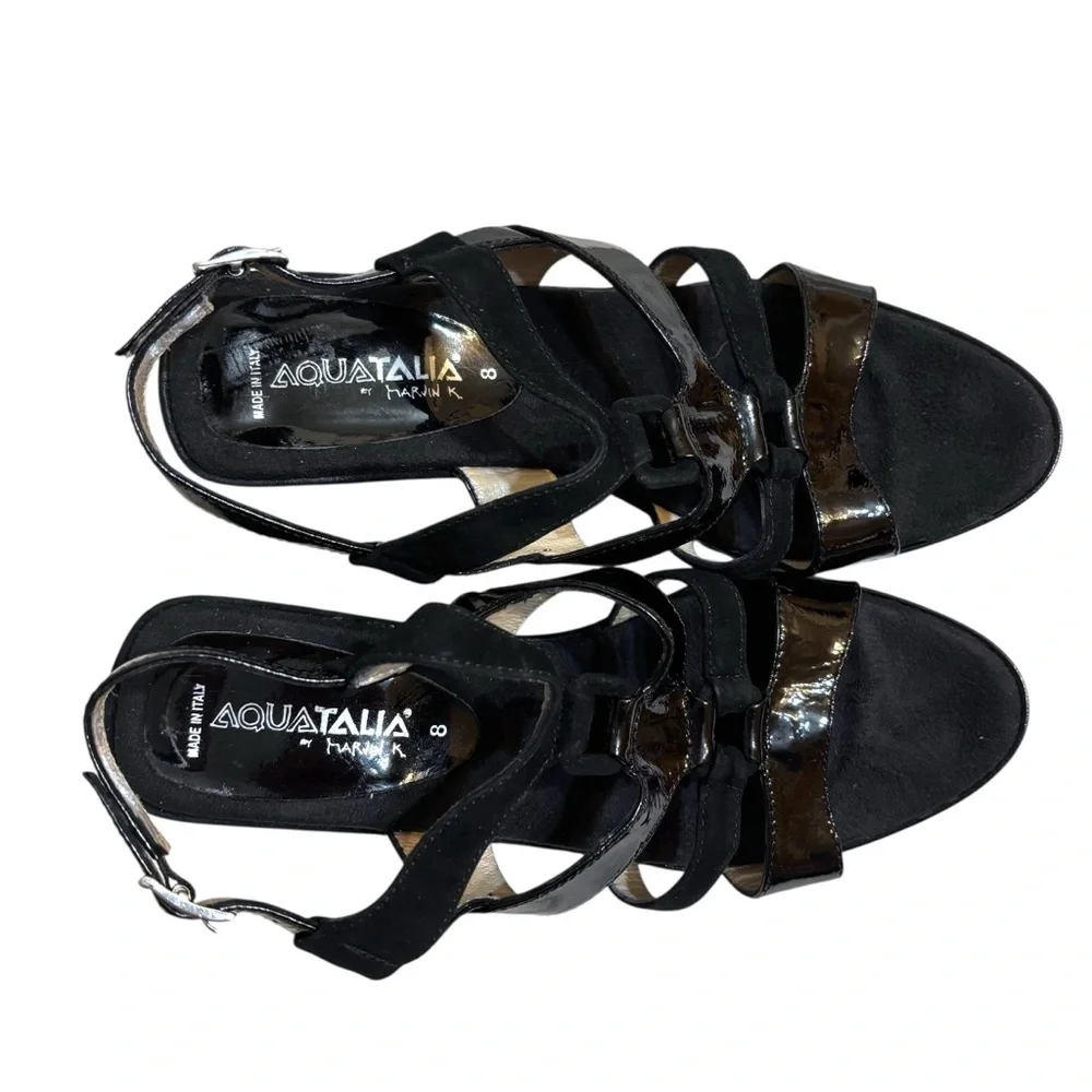 Aquatalia by Marvin K platform wedges black suede and patent leather size 8